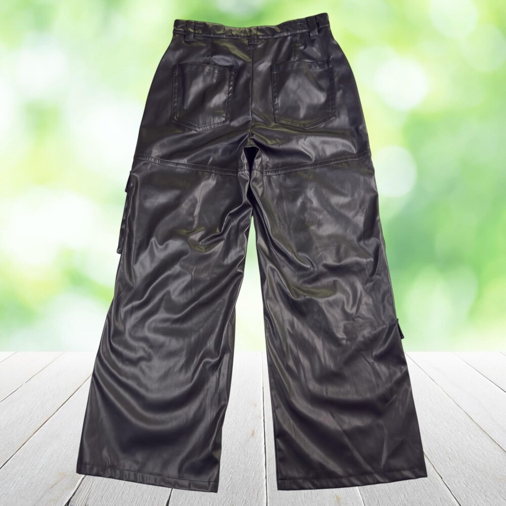 New HYFVE Faux Leather Cargo Pants High Rise Wide Leg Y2K Utility Black Sz XL - Picture 2 of 16